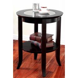 Frenchi Furniture-Wood Genoa End Table, Round Side /Accent Table , Inset Glass Espresso