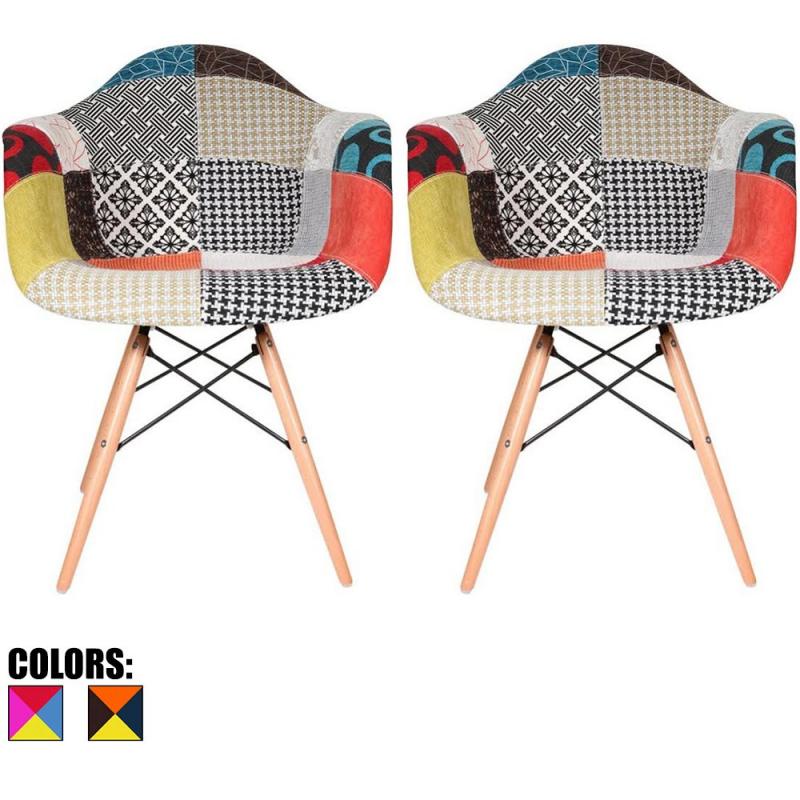 2xhome - Set of Two (2) - Multi-color – Modern Upholstered Eames Style Armchair Fabric Chair Patchwork Multi-pattern Light brown Natural Wood Leg Dining Room
