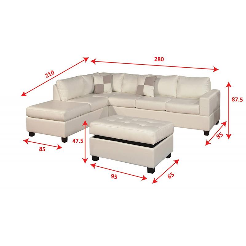 Bobkona Soft-touch Reversible Bonded Leather Match 3-Piece Sectional Sofa Set, White