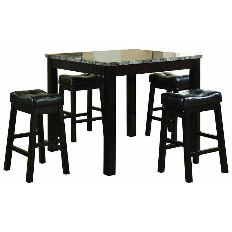 Coaster 5-Piece Dining Set, Faux Marble Table Top with 4 Barstools, Cappuccino Frame