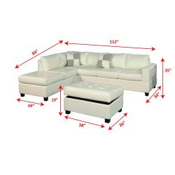 Bobkona Soft-touch Reversible Bonded Leather Match 3-Piece Sectional Sofa Set, White