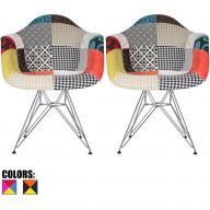 2xhome - Set of Two (2) - Multi-color – Modern Upholstered Eames Style Armchair Fabric Chair Patchwork Multi-pattern Chromed Wire Leg Eiffel Dining Room Chair with Arm for Living Room Dining Room