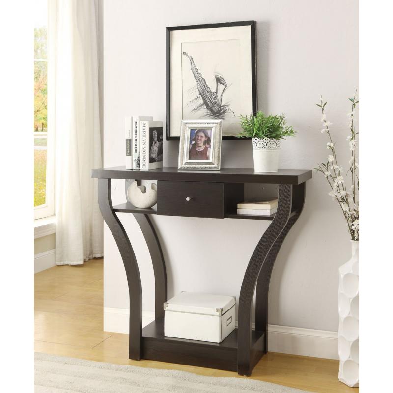 Cappuccino Finish Curved Console Sofa Entry Hall Table with Shelf / Drawer