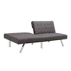 DHP Emily Futon Sofa Bed, Modern Convertible Couch With Chrome Legs Quickly Converts into a Bed, Rich Grey Linen