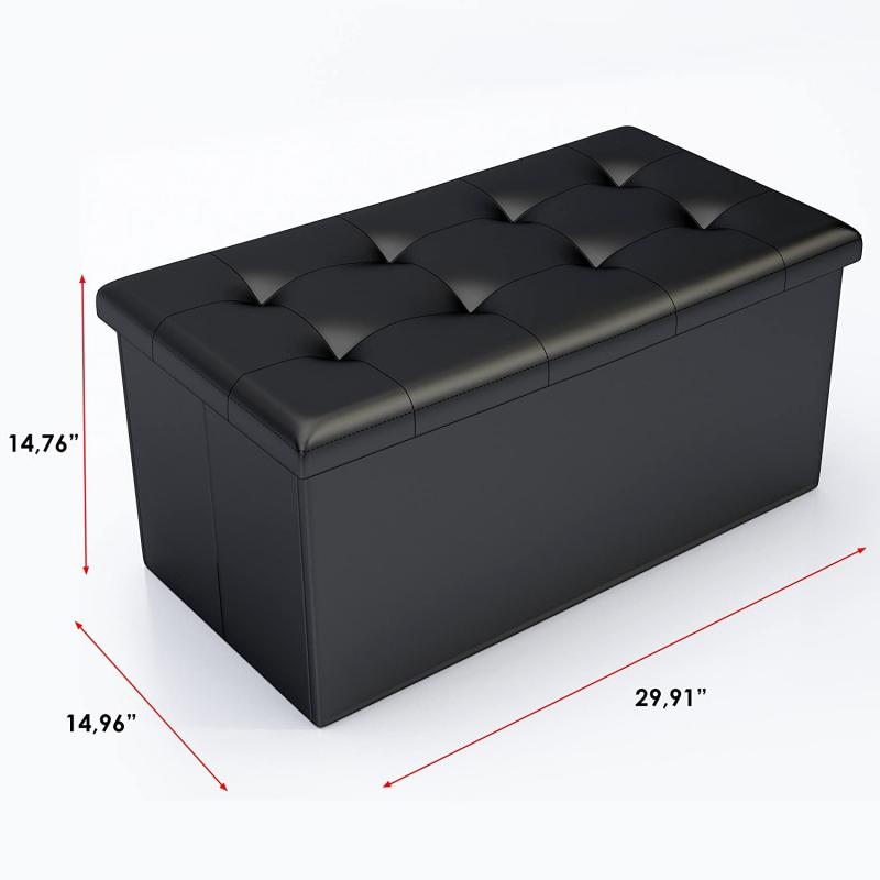 Black Faux Leather Ottoman Storage Bench -Great as a Double Seat or a Footstool, Coffee Table, Kids Toy Chest Trunk, Pouffe Living Room Furniture - Space Saving Organizer Solution