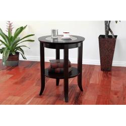 Frenchi Furniture-Wood Genoa End Table, Round Side /Accent Table , Inset Glass Espresso