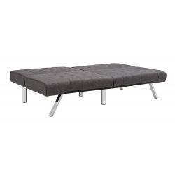 DHP Emily Futon Sofa Bed, Modern Convertible Couch With Chrome Legs Quickly Converts into a Bed, Rich Grey Linen