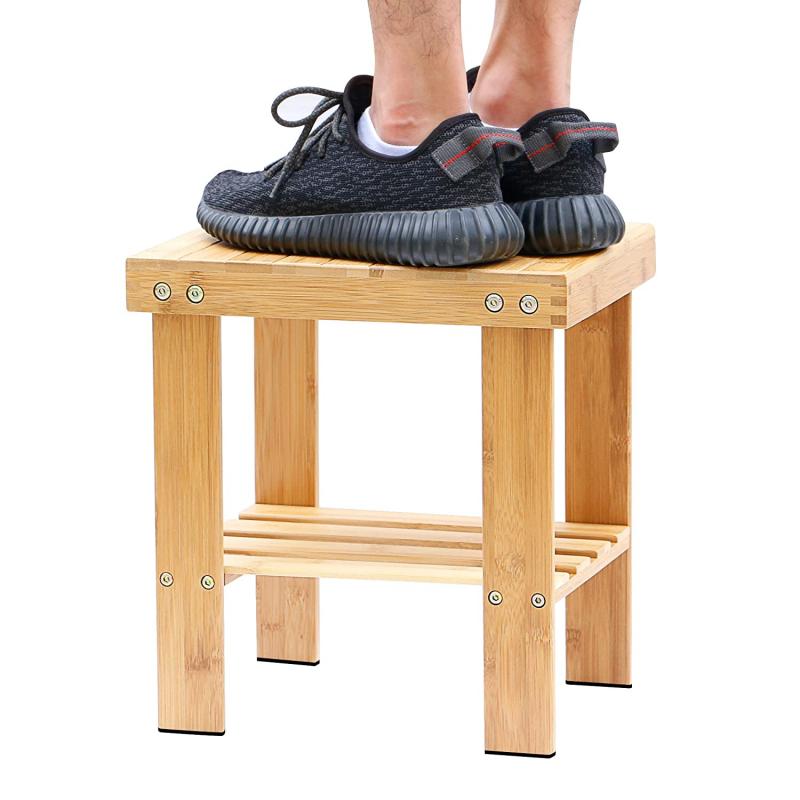 IPOW Multfunctional Medium Size Bamboo Step Stool Seat w/ Storage Shelf For Kids Leisure Assembly Needed,Durable,Anti-Slip,Lightweight for bathroom,living room,bedroom,garden etc,Bonus Foot Pads
