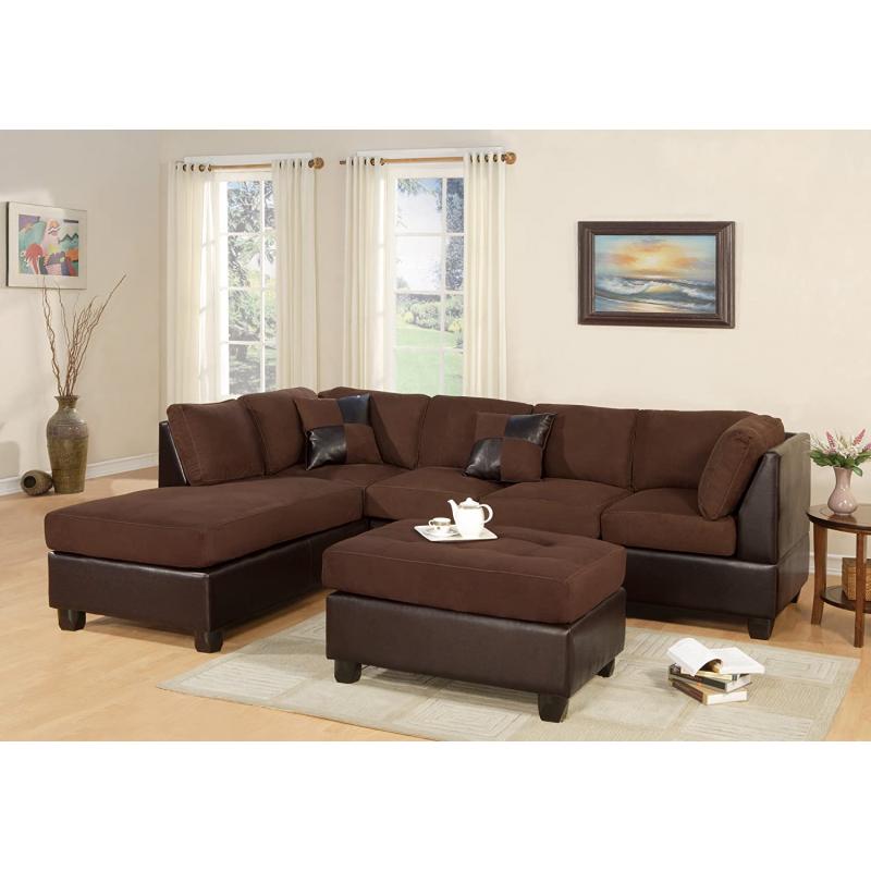 Bobkona Hungtinton Microfiber/Faux Leather 3-Piece Sectional Sofa Set, Chocolate