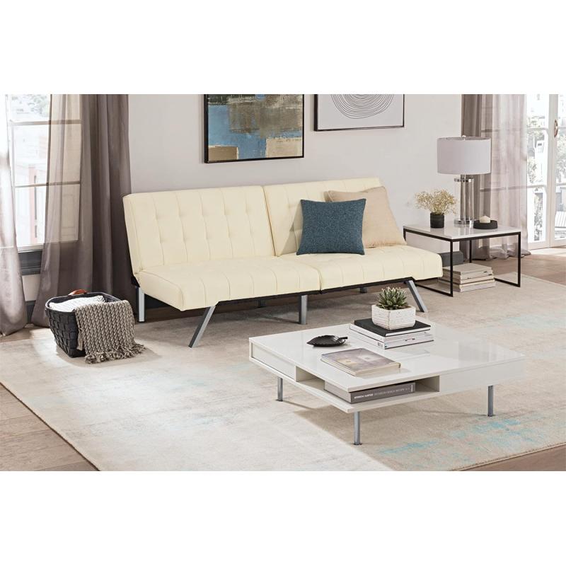 DHP Emily Futon Sofa Bed, Modern Convertible Couch With Chrome Legs Quickly Converts into a Bed, Rich Vanilla White Faux Leather