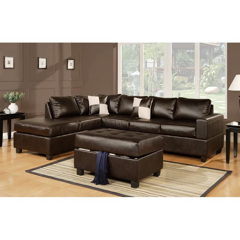 Bobkona Soft-Touch Reversible Bonded Leather Match 3-Piece Sectional Sofa Set, Espresso