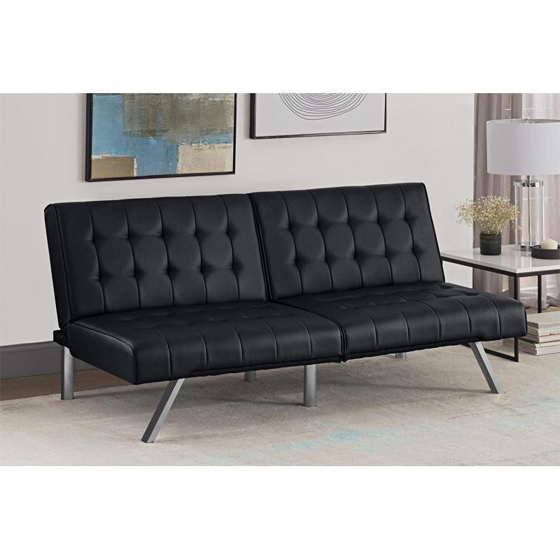 DHP Emily Futon Couch Bed, Modern Sofa Design Includes Sturdy Chrome Legs and Rich Faux Leather Upholstery, Black