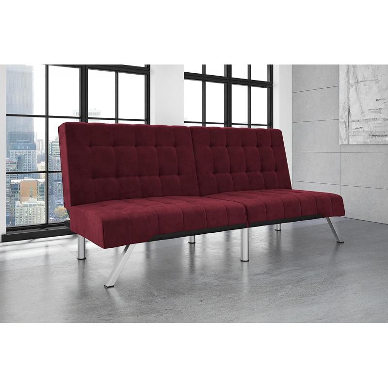 DHP Emily Futon Sofa Bed, Modern Convertible Couch with Chrome Legs Quickly Converts into a Bed, Rich Burgundy Velvet