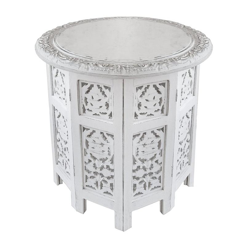 Cotton Craft - Jaipur Solid Wood Handcrafted Carved Folding Accent Coffee Table - Antique White - 18 Inch Round Top x 18 Inch High