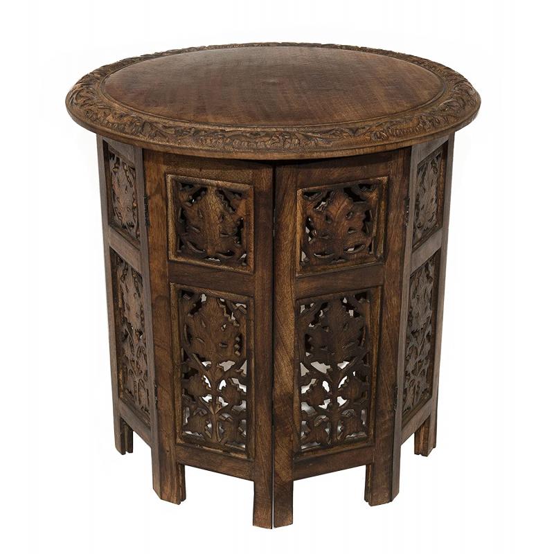 Cotton Craft Jaipur Solid Wood Hand Carved Accent Coffee Table - 18 Inch Round Top x 18 Inch High - Antique Brown