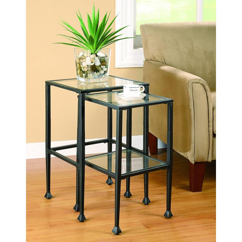 Coaster 901073 2-Piece Nesting Table Set, Glass and Black Metal