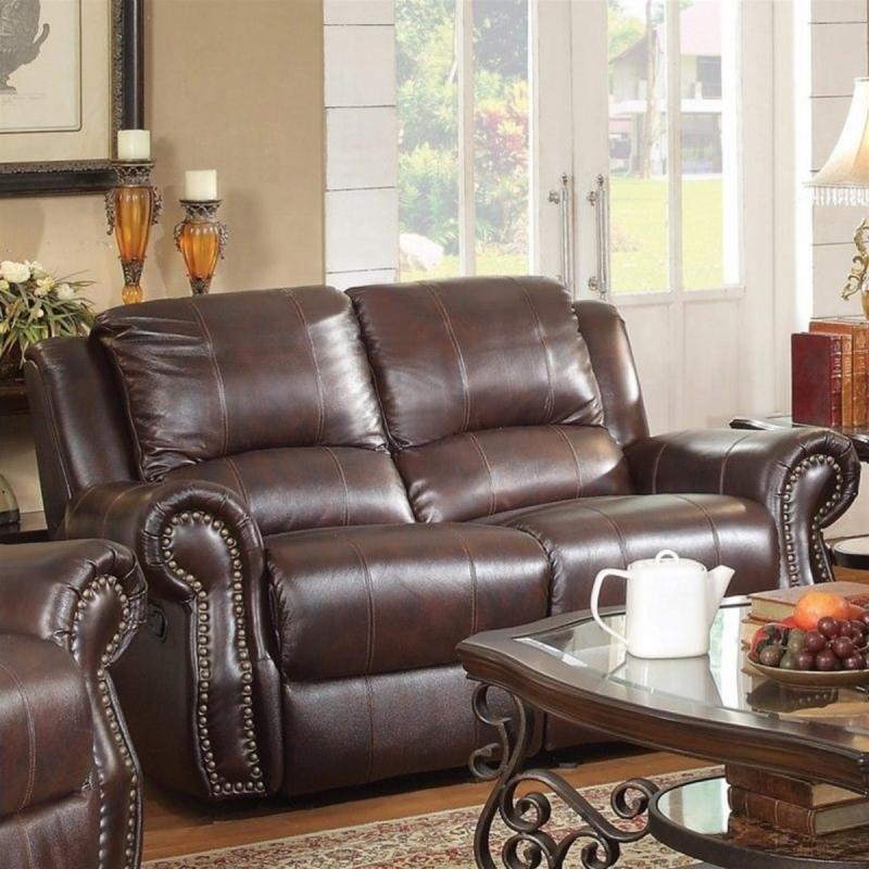Coaster Rawlinson Faux Leather Motion Reclining Loveseat in Tobacco
