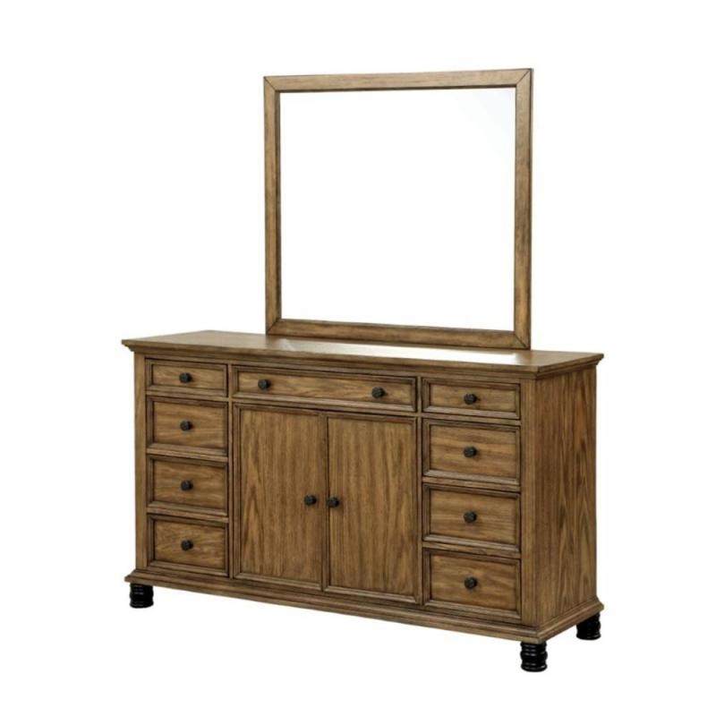 Furniture of America Calvin Dresser and Mirror Set in Dark Oak