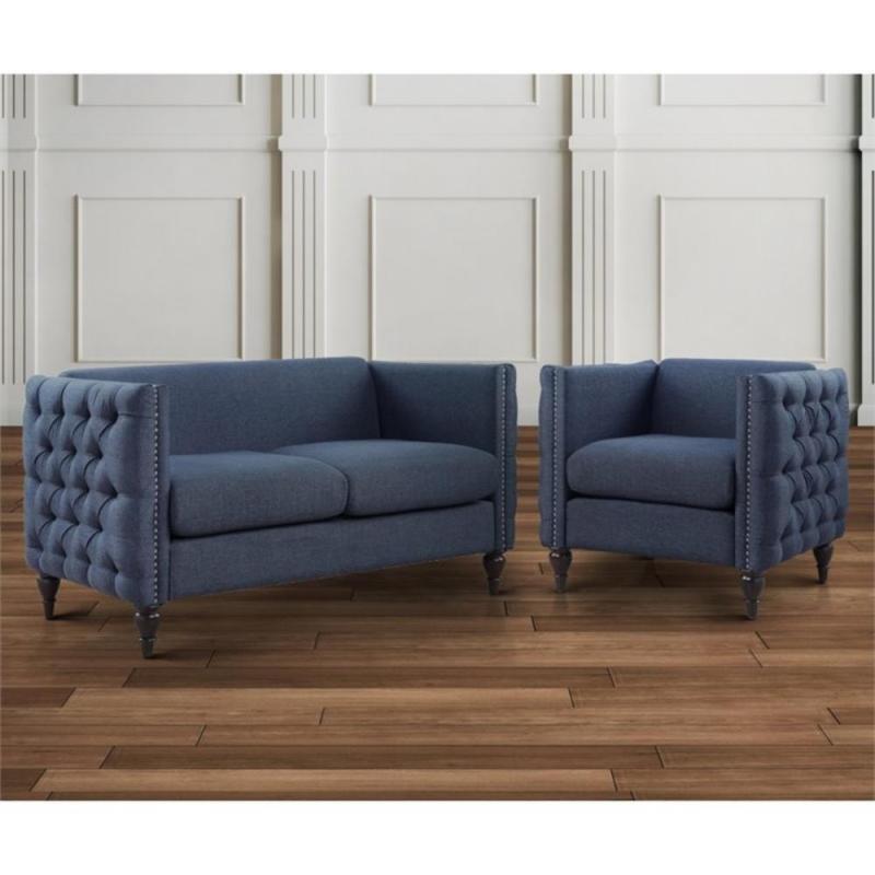 Furniture of America Bently Tufted 2 Piece Love Seat Set in Blue