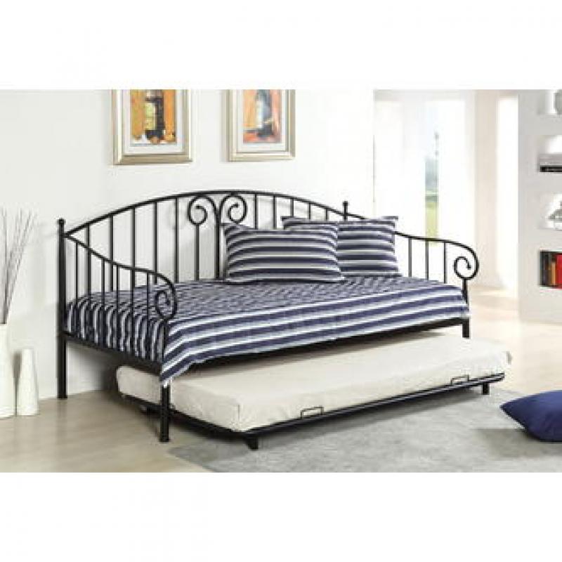 Furniture of America Hamden black metal finish curvy wrought iron look daybed with slide out trundle with casters