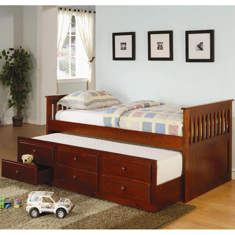 Coaster Solid Cherry Twin Captain&#039;s Trundle Daybed Day Bed with Storage Drawers and Turned Finials