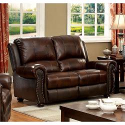Furniture of America Turton Sofa Loveseat Living Room 2pc Sofa Set Top Grain Leather Match Modern Nialhead Rolled Arms Couch Brown Plush Seating