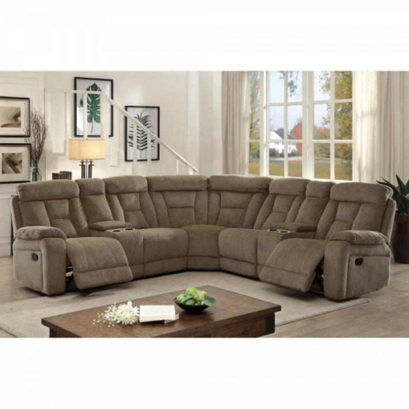 Furniture of America Living Room Reclining Large Family Sectional Mocha Chenille Couch Console Plush Cushion Fun Movies Storage Cup Holders
