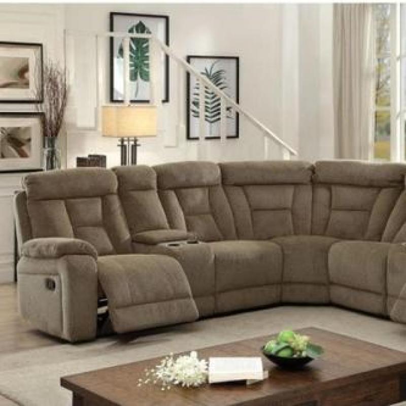 Furniture of America Living Room Reclining Large Family Sectional Mocha Chenille Couch Console Plush Cushion Fun Movies Storage Cup Holders
