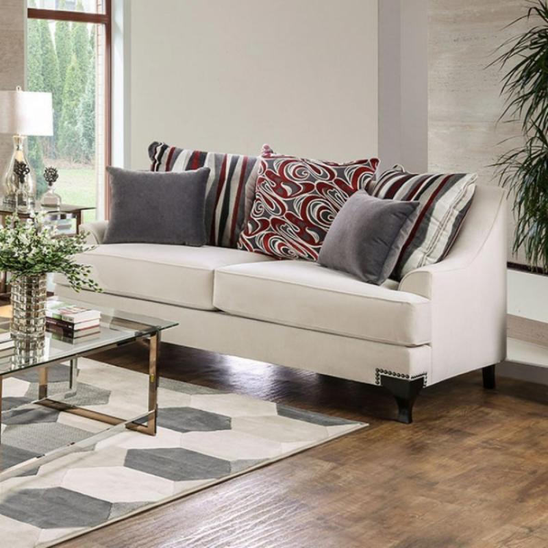 Furniture of America Retro Inspired Modern Living Room Furniture Sofa Loveseat Chair 3p Set Ivory Premium Fabric T-Cushion Seating Nailhead Couch USA