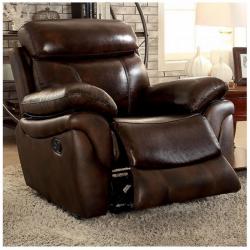 Furniture of America Modern Reclining Sofa Loveseat Recliner Top Grain Leather Match Brown Plush Cushion Relax Couch 3pc Set Padded Arms