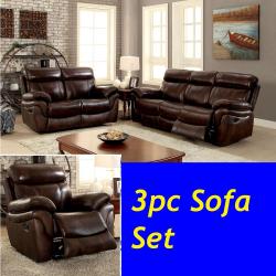 Furniture of America Modern Reclining Sofa Loveseat Recliner Top Grain Leather Match Brown Plush Cushion Relax Couch 3pc Set Padded Arms
