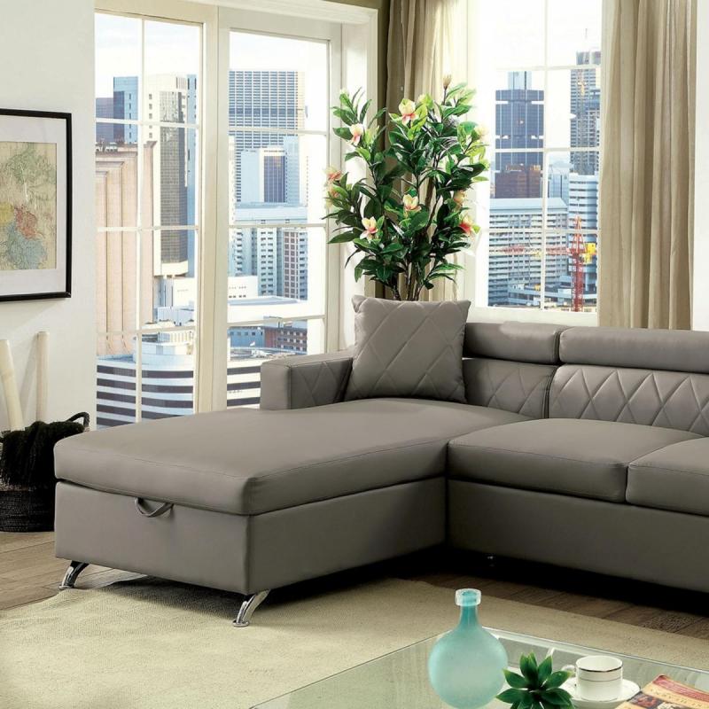 Furniture of America Modern Recliner Sectional Console L-Shape Home Theater Seating Gray Leatherette Plush Cushion Cozy Couch