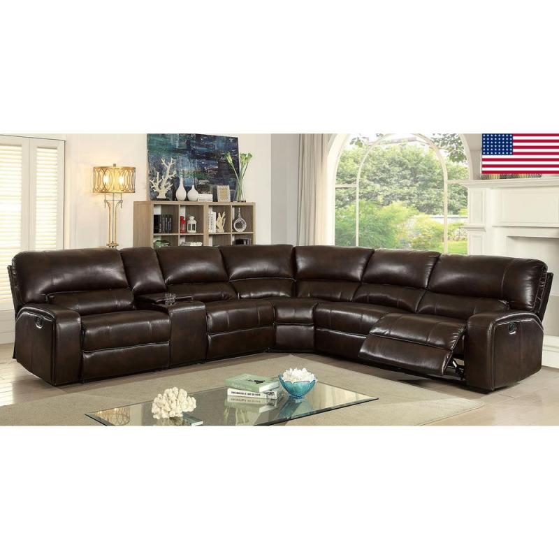 Furniture of America Living Room Recliner Sectional Sofa Brown Console Storage Plush Cushion Brown Relax Couch Sectionals Modern Leatherette USA