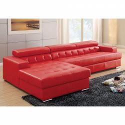 Furniture of America Sectional w Console Red Bonded Leather Match Sofa Chaise Tufted Couch Living Room Furniture Chrome Legs T-Cushion Seat