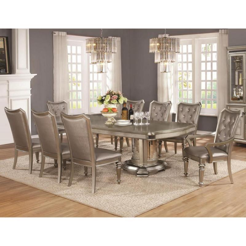 Coaster Danette Dining Room Formal Metallic Platinum Dining Table w 14"Leaf Extend Arm And Side Chairs Tufted 9pcs Set