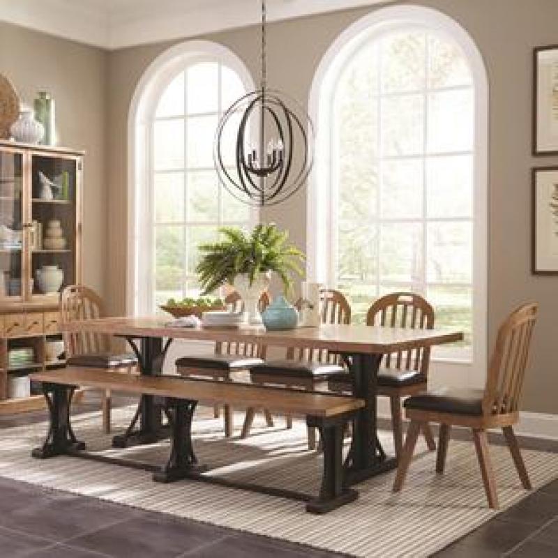 Coaster French Farmhouse Dark Coffee Wood Finish Dining Table Side Chairs Bench 6pc Dining Set Cushion Seat Chairs Dining Room Furniture