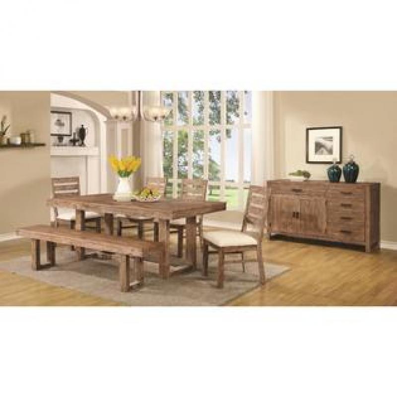 Coaster Casual 6pc Dining Set Acacia Wood U Base Dining Table 4 Side Chairs Cushion Seat And Bench Weathered Wood Finish