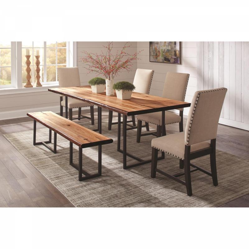 Coaster Simple Dark Coffee Finish w Metal Details Dining Table Matching Beige Fabric Chairs w Bench 6pc Dining Set Parson Chairs