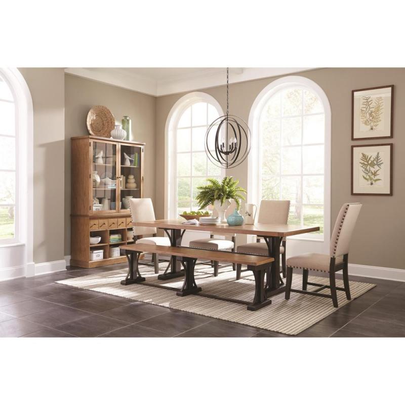 Coaster Simple Dark Coffee Finish w Metal Details Dining Table Matching Beige Fabric Chairs w Bench 6pc Dining Set Parson Chairs