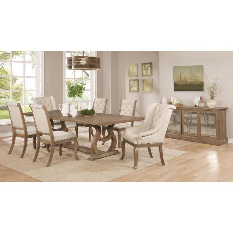 Coaster Formal Glamorous Brown Finish Trestle Dining Table Chairs Set Tufted Arm And Side Chairs Dining Room Furniture 7pc Set