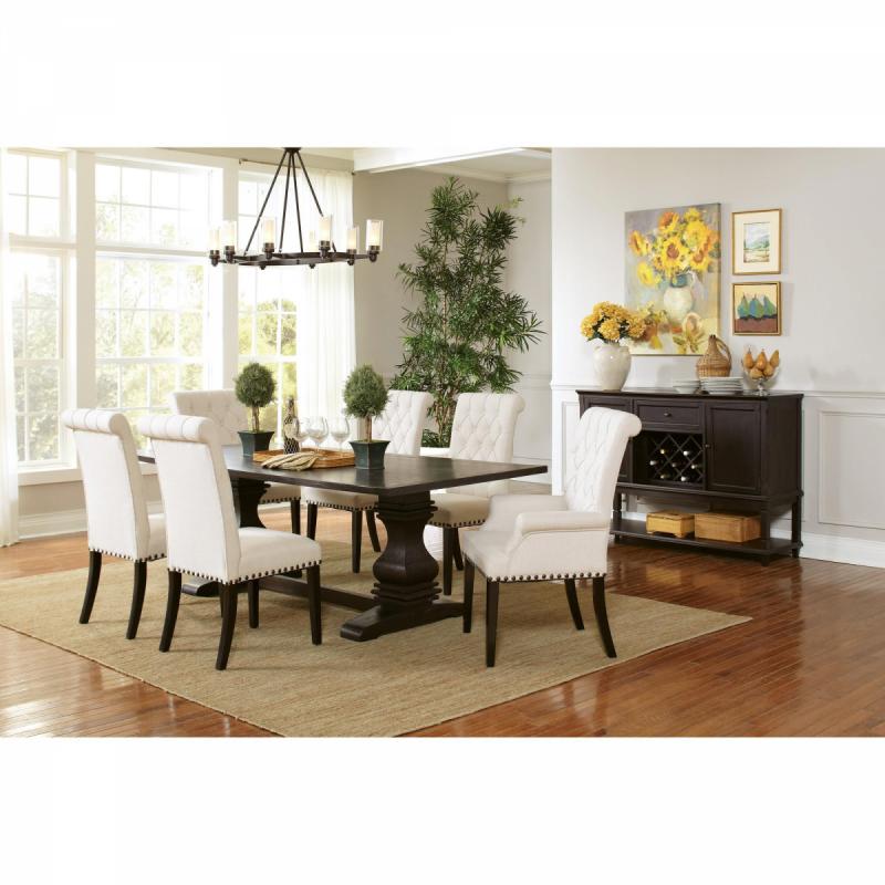 Coaster Dining Room Rustic Espresso 7pc Set Pedestal Dining Table Button Tufted Side Chairs And Arm Chairs Contemporary Kitchen